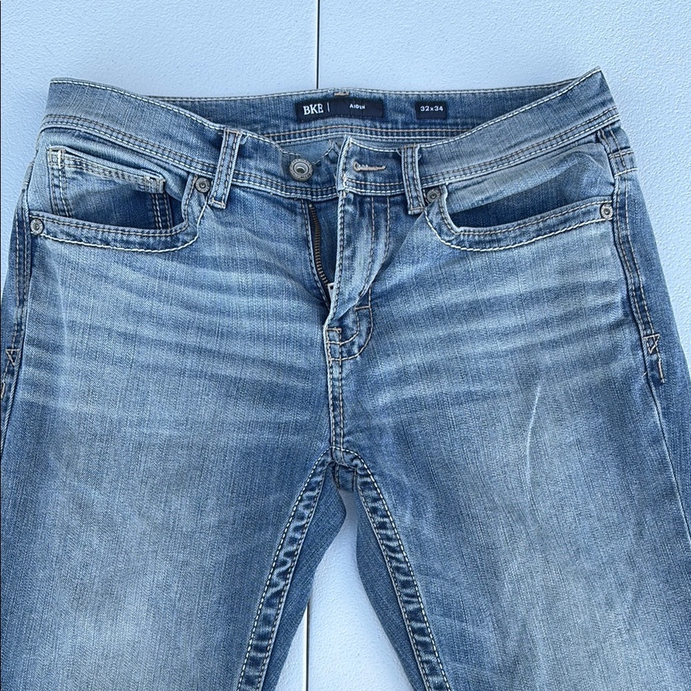 BKE Blue Straight Leg Jeans with Distressed Look